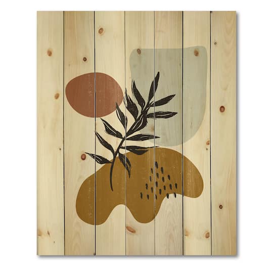 Designart - Botanical Minimalist Leaf With Abstract Shapes II - Modern Print on Natural Pine Wood
